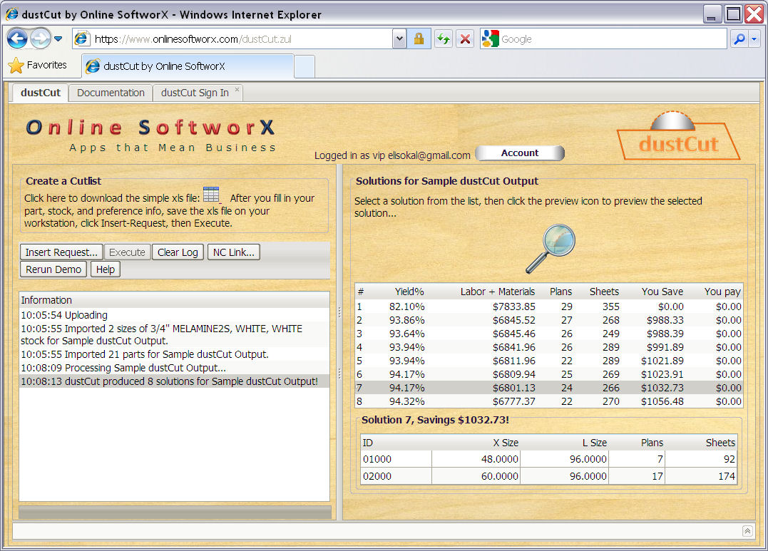 Screenshot of Application Page Showings Results of dustCut Execution