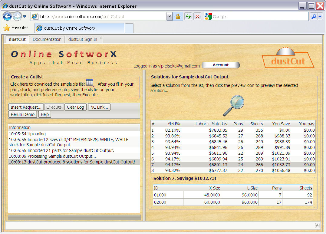 Screenshot of Application Page Showings Results of dustCut Execution