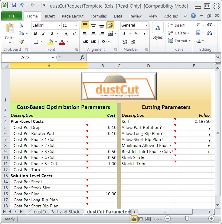 Screenshot of The Parameters Worksheet of the dustCut Request Form