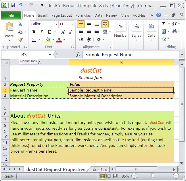 Screenshot of The Request Properties Worksheet of the dustCut Request Form